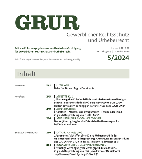 Auf dem Bild ist der Titel GRUR zu sehen und eine Inhaltsangabe