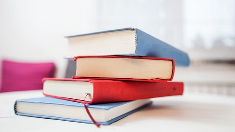Das Foto zeigt vier übereinander liegende Bücher. Das obere, wie das untere Buch sind blau, die beiden mittleren Bücher sind rot.