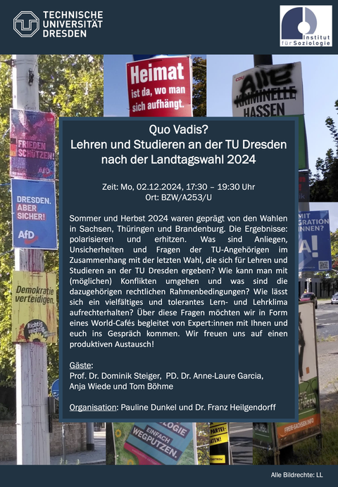 Veranstaltungstext. Im Hintergrund verschiedene Wahlplakate