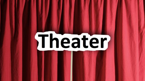 Theaterschild vor rotem Vorhang