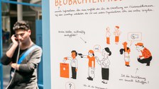 Eine Gruppe geht durch die Ausstellung Frieden Machen 