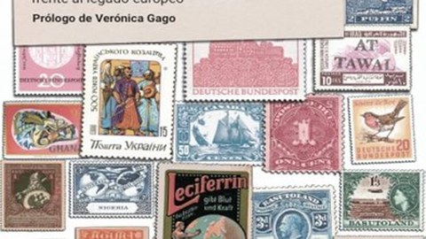 Book cover of the Spanish-language book by Nikita Dhawan ¿Rescatar la ilustración?. In the background, stamps are arranged in a collage-like pattern. The Author’s name and title appear in the upper left corner.
