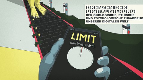 Füße auf einer Art Autobahn, im Vordergrund ein Smartphone-Display das anzeigt: "Limit wird bald erreicht"