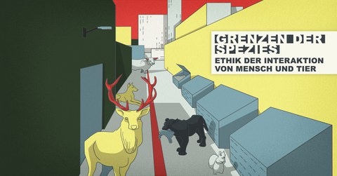 Gezeichnete Tiere in einer urbanen Gasse mit Müllcontainern. 