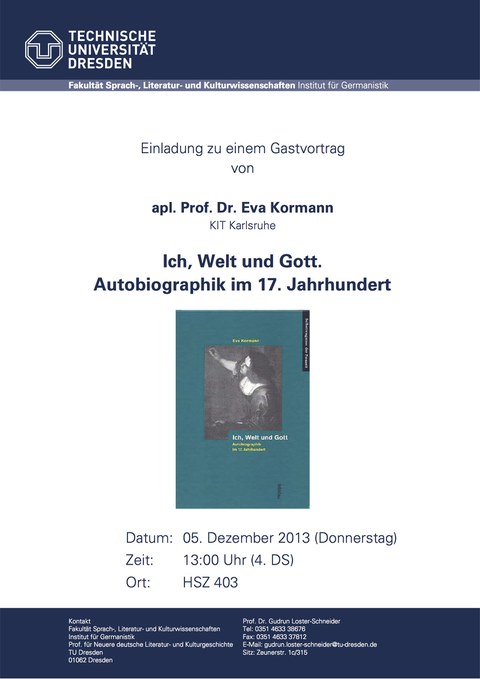Plakat zum Gastvortrag von apl. Prof. Dr. Eva Kormann 