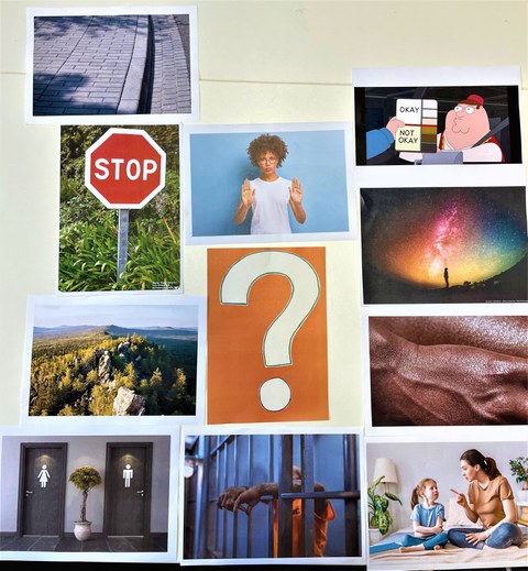 Das Bild zeigt eine Kollage aus verschiedenen Fotos die das Thema Grenze haben. In der Mitte ist ein großes Fragezeichen.