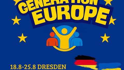   A vibrant blue poster promoting a European youth event, displaying event dates, locations, logos, and decorative stars.