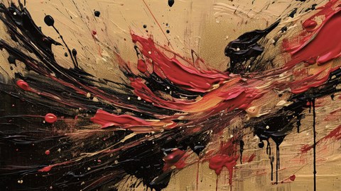 Das Bild zeigt eine Farbmischung (Schwarz, Rot, Creme), die teilweise auf eine Leinwand gespritzt wurde.