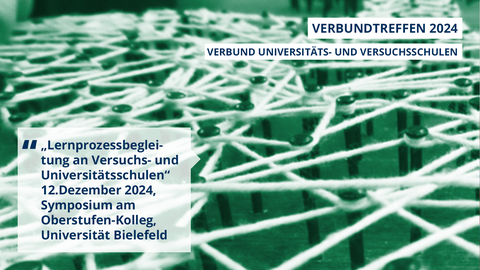 Text-Bild-Collage mit Symbolbild Netzwerk: Auf einem Brett sind Nägel eingeschlagen. Die Nagelköpfe sind mit einem weißen Strick umwickelt und verbunden. Text: Verbundtreffen 2024 Verbund Universitäts- und Versuchsschulen, „Lernprozessbegleitung an Versuchs- und Universitätsschulen“ 12.Dezember 2024, Symposium und VUVS-Verbundtreffen am Oberstufen-Kolleg, Universität Bielefeld