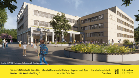 Realistische Entwurfszeichnung eines modernen Schulbaus mit Kinder und Pflanzen