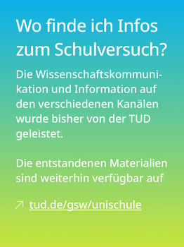 Weißer Text auf einem Farbverlauf von türkis oben zu lindgrün unten: Wo finde ich Infos über den Schulversuch?  Die Wissenschaftskommunikation und Information auf den verschiedenen Kanälen wird bisher von der TUD geleistet. Die entstandenen Materialien bleiben weiterhin verfügbar auf tud.de/gsw/unischule. 