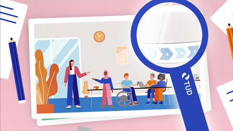 A visual representation of education, inclusion, and research. A photo is being examined on a desk using a magnifying glass (featuring the TU Dresden logo). The photo depicts a learning situation with a diverse group of students in a modern learning space