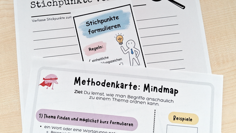 There are two worksheets on a table. Headings: “Write down key points” and “Mind Map”