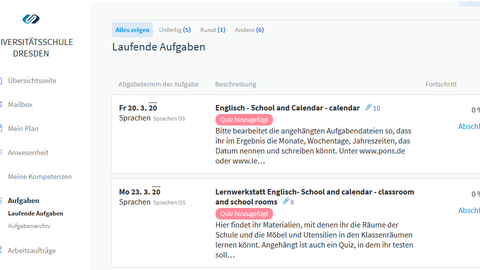 Ansicht der Oberfläche im Online-Schulportal mit Aufgaben. zum Beispiel für den Englischunterricht