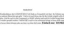 Das Bildschirmfoto zeigt einen am Computer geschriebenen Dankesbrief an alle Krankenhäuser der Welt.