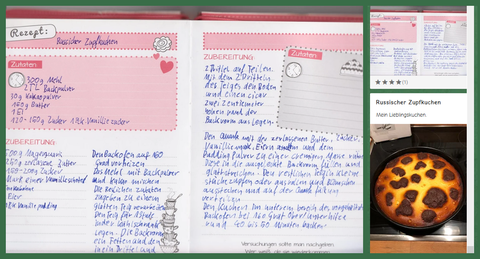 Auf einer Seite sind als Collage ein Foto von einem handgeschriebenen Rezept für Russischen Zupfkuchen im rosa Backbuch und rechts ein Bild von dem fertigen Kuchen. Nummer 4 zum Dankesbrief und ein Dankesbrief abgebildet.