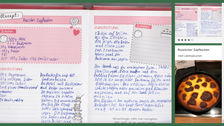 Auf einer Seite sind als Collage ein Foto von einem handgeschriebenen Rezept für Russischen Zupfkuchen im rosa Backbuch und rechts ein Bild von dem fertigen Kuchen. Nummer 4 zum Dankesbrief und ein Dankesbrief abgebildet.