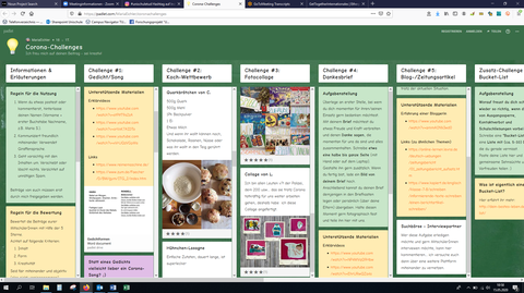 Bildschirmansicht eines Padlets: in verschiedenen Spalten werden Aufgabenstellungen und Ergebnisse angezeigt, zum Beispiel die Aufgabe Kochrezept und ein Foto von Quarkbällchen