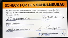 Der übergroß ausgedruckte Scheck liegt auf dem Couchtisch im Schulleiterinnenbüro: 2,2 Mio. Euro für das Lernhaus der Universitätsschule an die Landeshauptstadt Dresden, unterschrieben von Prof. Anke Langner.