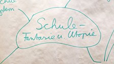 Ausschnitt aus einem handschriftlichen Plakat: mit grünem Faserstift auf weißem Grund die Stichworte „Schule – Fantasie u. Utopie, Student. Ausbildung, Freiarbeit“ und weitere Wortfetzen