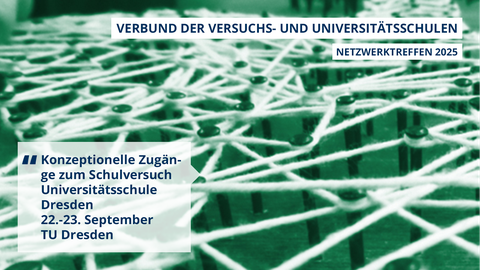 Text-Bild-Collage. Auf einem Brett sind Nägel eingeschlagen. Die Nagelköpfe sind mit weißem Strick umwickelt und verbunden. Text: Verbund Universitäts- und Versuchsschulen, „Konzeptionelle Zugänge zum Schulversuch Universitätsschule Dresden“ 22.-23.11. TU