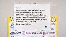 Schild mit Workshop-Titel an einer Lernraumtür: "Lernen in den verschiedenen Stufen"