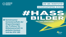 Share Pic zum Vortrag Hassbilder, grüner Hintergrund mit gelbem Smartphone, von dem ein gelber Schein ausgeht