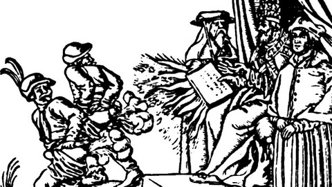 Frühneuzeitliche Druckgraphik: Zwei Handwerker die eine Papstbulle mit enblöstem Hintern und visualisiertem Furz abwehren
