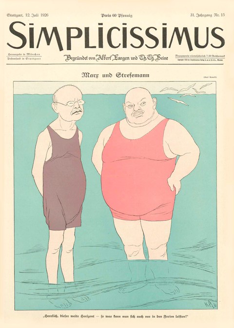 Frontcover einer Simplicissimus-Ausgabe, 2 Herren (Marx und Stresemann) im Badeanzug stehen im Wasser