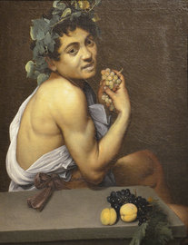 Gemälde von Caravaggio: Ein Bacchus mit Trauben in der Hand