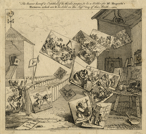 Zeichnung von William Hogarth, The Battle of Pictures. Gezeichnet sind lauter Gemälde