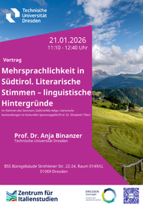 Poster zum Vortrag "Mehrsprachigkeit in Südtirol. Literarische Stimmen - linguistische Hintergründe"