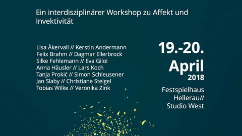 Plakat zur Ankündigung der Tagung "Affekt/ion. Ein interdisziplinärer Workshop zu Affekt und Invektivität" am 19. bis 20. April 2018 im Festspielhaus Hellerau//Studio West