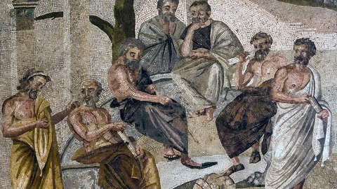 Platons Akademie auf einem Mosaik aus Pompeii. Männer sitzen unter Säulen und einem Baum und diskutieren.