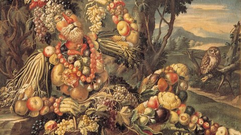 Porträt eines Liegenden, dessen Figur von drapierten Früchten suggeriert wird. Die Stimmung ist herbstlich. Künstler: Giuseppe Arcimboldo