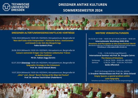 Im Hintergrund eine Adaption des Catilina-Gemäldes von Cesare Maccari. Frauen in grünen Gewändern sitzen im Senat. Im Vordergrund Angaben zu den DAV.