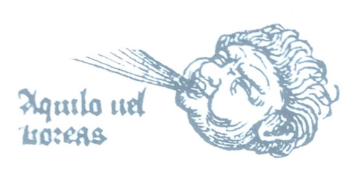 Gedruckte Darstellung eines Kopfes, der Wind aus seinem Mund bläst, daneben der Text "Aquilo vel Boreas"