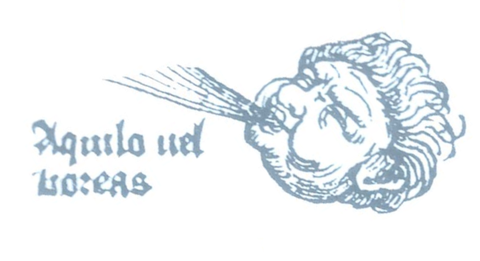 Gedruckte Darstellung eines Kopfes, der Wind aus seinem Mund bläst, daneben der Text "Aquilo vel Boreas"