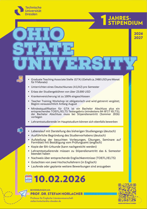 Das Bild zeigt das aktuelle Poster zum Studierendenaustausch mit der Ohio State University. Bewerbungsschluss ist der 10. Februar.