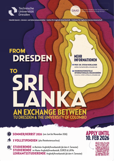 Das Bild zeigt das aktuelle Plakat zum Studierendenaustausch zwischen der TU Dresden und der University of Colombo in Sri Lanka. Es gibt drei Stipendien für Studierende der Anglistik/Amerikanistik ab dem 4. Semester, Frist ist der 20. Februar.