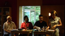 Foto 7 anlässlich der Lesung "La migration des murs - Die Wanderung der Mauern. Französischsprachige Lyrik aus Haïti und Québec" mit den Autoren James Noël (Haïti) und Hector Ruiz (Québec) am 20.06.2018 im Literaturhaus Villa Augustin Dresden.
