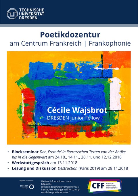 Plakat anlässlich der Poetikdozentur der Schriftstellerin und DRESDEN Fellow Cécile Wajsbrot im Wintersemester 2018/19 an der TU Dresden.