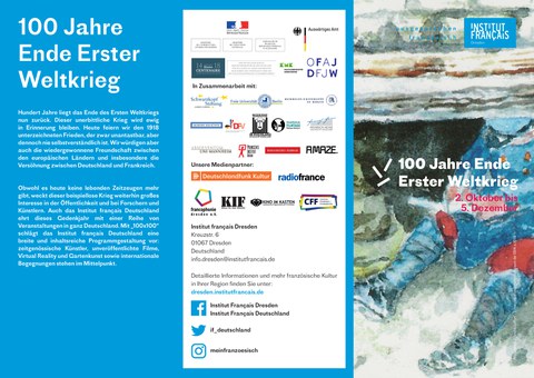 Flyer zur Veranstaltungsreihe des Institut français Dresden "100 Jahre Ende Erster Weltkrieg" Oktober-Dezember 2018, Seite 1.