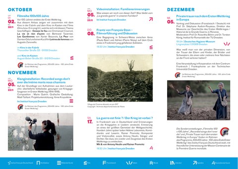 Flyer anlässlich der Veranstaltungsreihe des Institut français Dresden "100 Jahre Ende Erster Weltkrieg" Oktober-Dezember 2018, Seite 2.