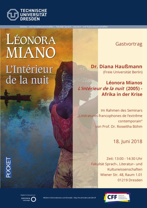Poster on the occasion of the guest lecture “Léonora Mianos' *L'intérieur de la nuit* (2005) – Africa in Crisis” by Dr. Diana Haußmann (Free University of Berlin) on June 18, 2018 at TU Dresden.