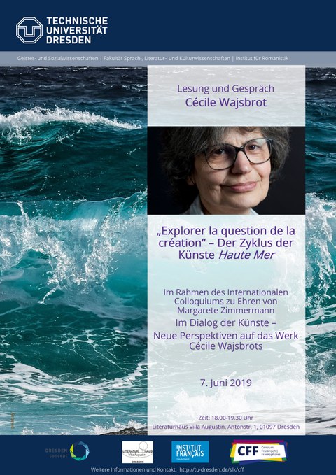 Poster on the occasion of Cécile Wajsbrot’s reading, “Explorer la question de la création” – “The Cycle of the Arts: Haute Mer,” as part of the International Colloquium in Honor of Margarete Zimmermann, “In the Dialogue of the Arts...,” on June 7, 2019.