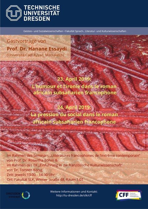 Plakat anlässlich der Gastvorträge von Frau Prof. Dr. Hanane Essaydi (Université Cadi Ayyad, Marrakesch) am 23. und 24. April 2019.