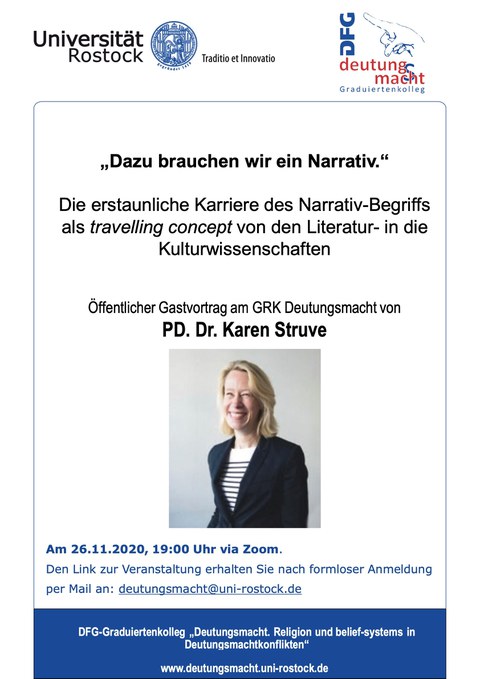 Plakat anlässlich des Gastvortrags von PD Dr. Karen Struve am DFG-Graduiertenkolleg "Deutungsmacht..." der Universität Rostock am 26.11.2020.