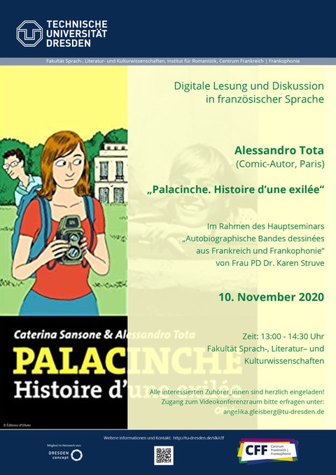 Plakat anlässlich der Digitalen Lesung und Diskussion "Palacinche. Histoire d'une exilée" mit dem Comic-Zeichner Alessandro Tota (Paris) am 10.11.2020 an der TU Dresden.