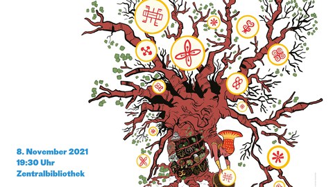 Plakat anlässlich von Ausstellung und Gespräch "Kubuni - Comics aus Afrika" im November 2021 in der Zentralbibliothek Dresden.